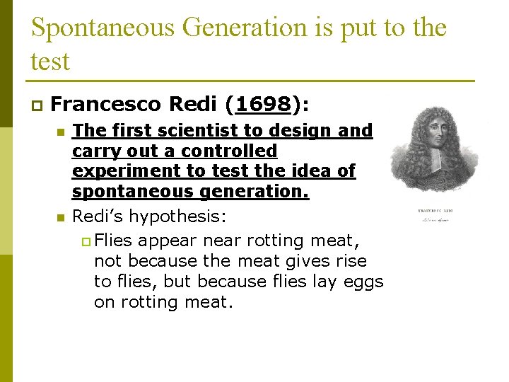Spontaneous Generation is put to the test p Francesco Redi (1698): n n The