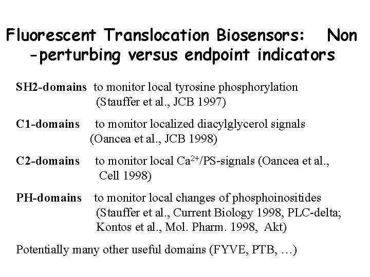 Fluorescent Translocation Biosensors: Non -perturbing versus endpoint indicators SH 2 -domains to monitor local