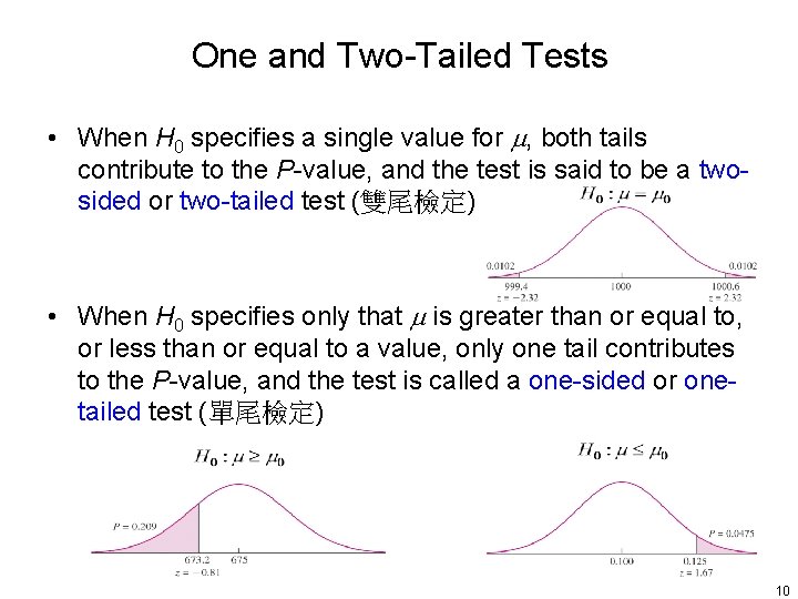 One and Two-Tailed Tests • When H 0 specifies a single value for ,