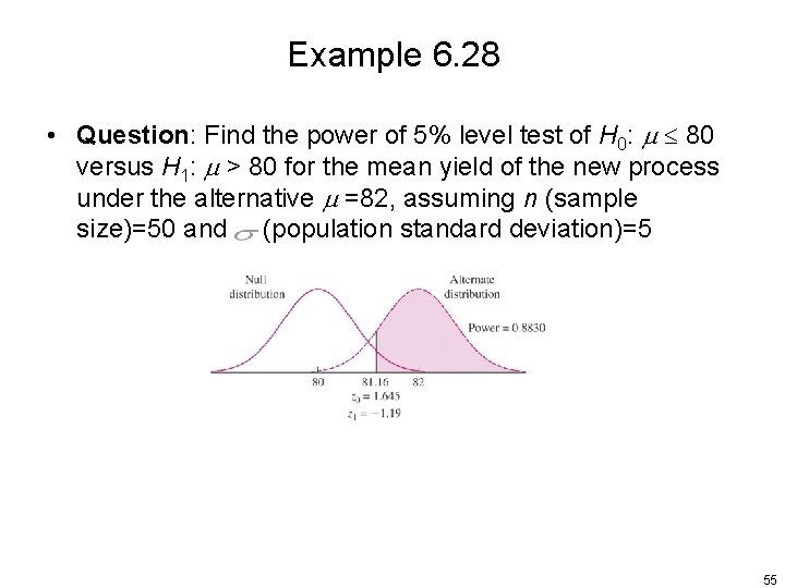 Example 6. 28 • Question: Find the power of 5% level test of H
