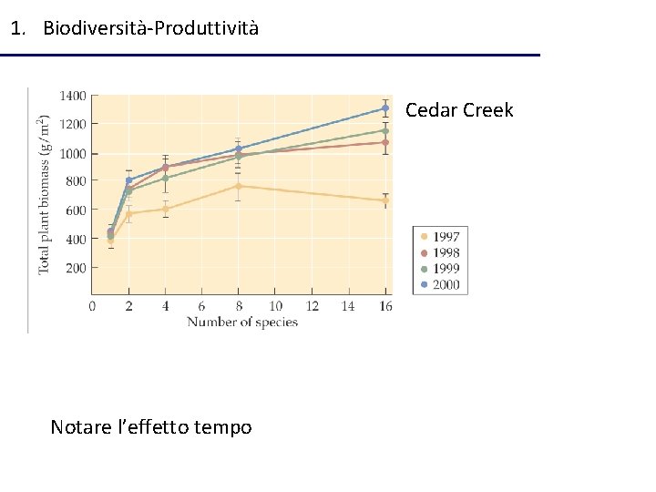 1. Biodiversità-Produttività Cedar Creek Notare l’effetto tempo 