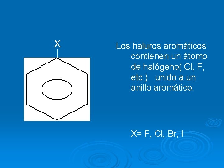 X Los haluros aromáticos contienen un átomo de halógeno( Cl, F, etc. ) unido