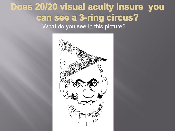 Does 20/20 visual acuity insure you can see a 3 -ring circus? What do