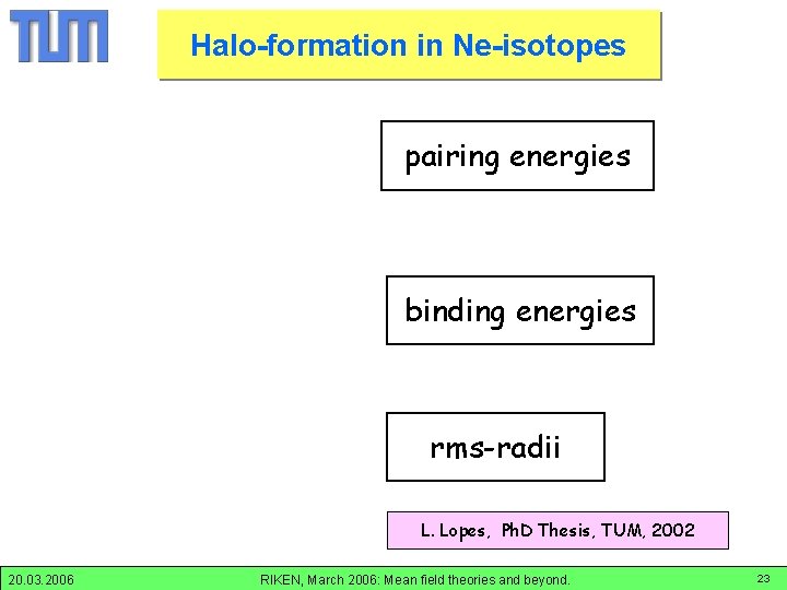 Halo-formation in Ne-isotopes projected Ne-chain pairing energies binding energies rms-radii L. Lopes, Ph. D