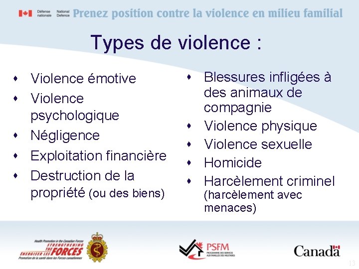 Types de violence : s Violence émotive s Violence psychologique s Négligence s Exploitation