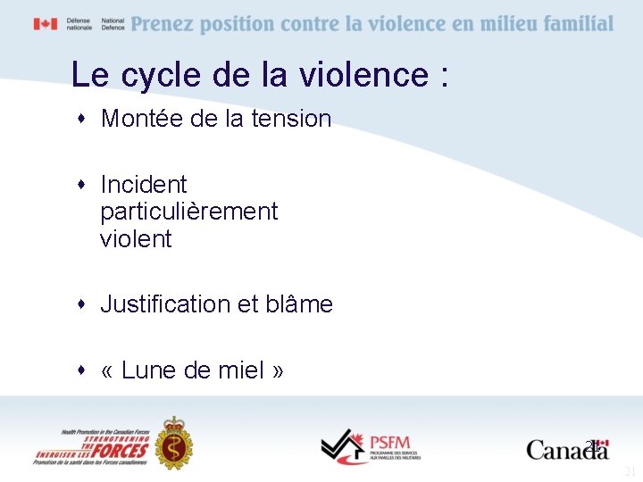 Le cycle de la violence : s Montée de la tension s Incident particulièrement