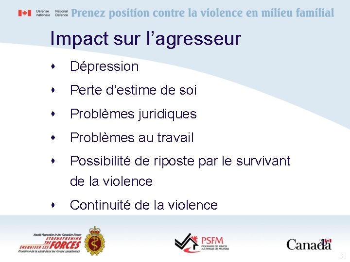 Impact sur l’agresseur s Dépression s Perte d’estime de soi s Problèmes juridiques s