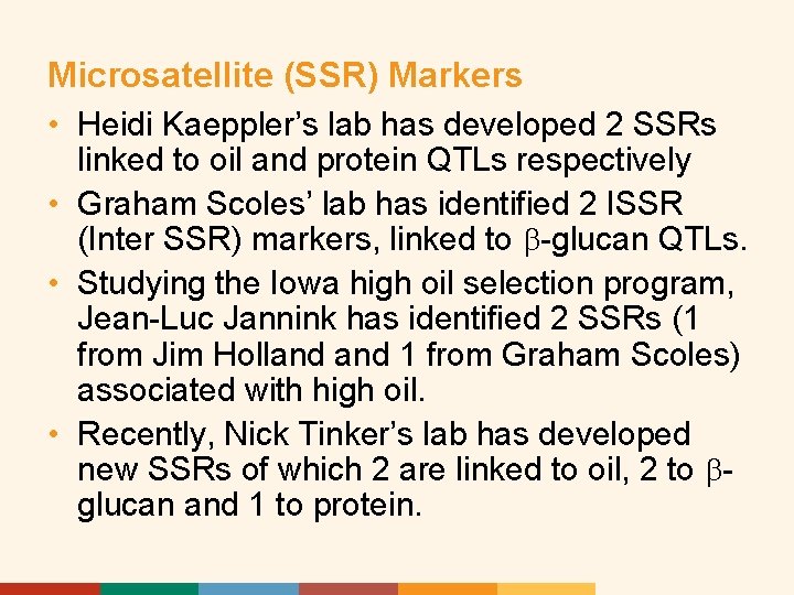 Microsatellite (SSR) Markers • Heidi Kaeppler’s lab has developed 2 SSRs linked to oil