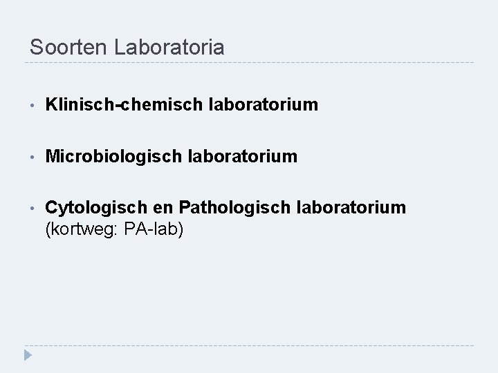 Soorten Laboratoria • Klinisch-chemisch laboratorium • Microbiologisch laboratorium • Cytologisch en Pathologisch laboratorium (kortweg: