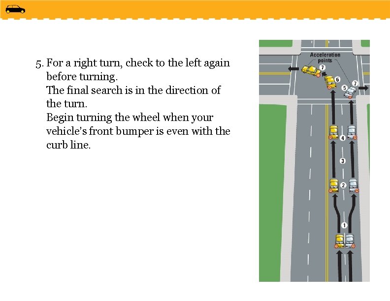 5. For a right turn, check to the left again before turning. The final