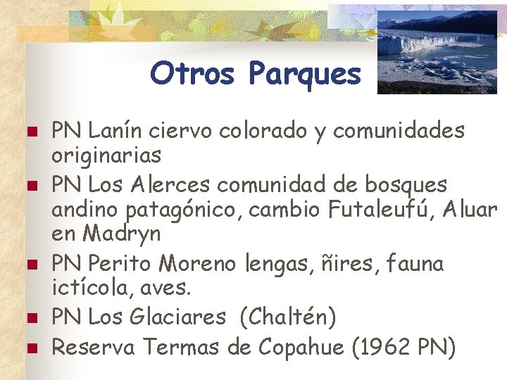 Otros Parques n n n PN Lanín ciervo colorado y comunidades originarias PN Los