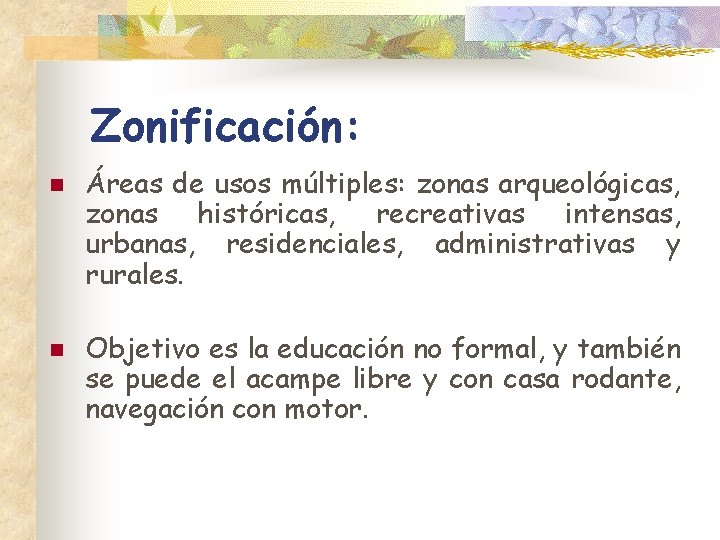 Zonificación: n n Áreas de usos múltiples: zonas arqueológicas, zonas históricas, recreativas intensas, urbanas,