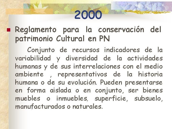 2000 n Reglamento para la conservación del patrimonio Cultural en PN Conjunto de recursos
