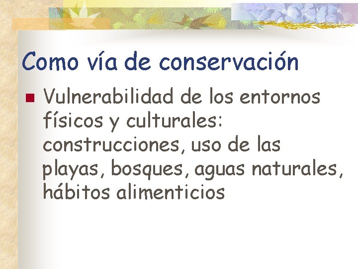 Como vía de conservación n Vulnerabilidad de los entornos físicos y culturales: construcciones, uso