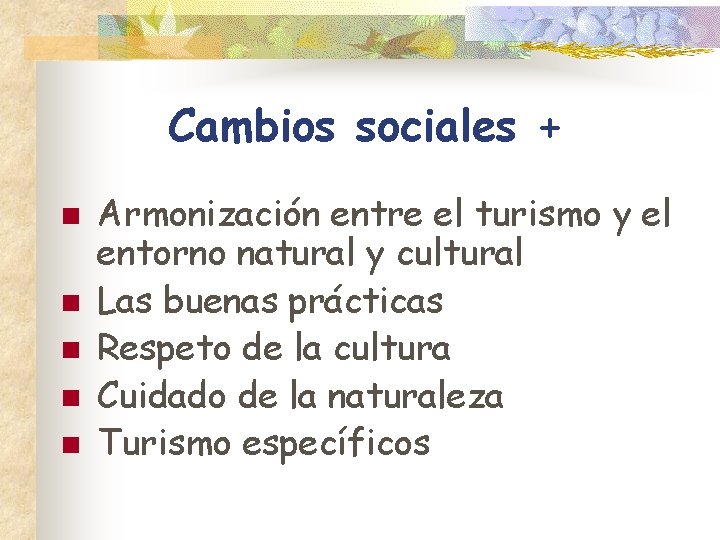 Cambios sociales + n n n Armonización entre el turismo y el entorno natural