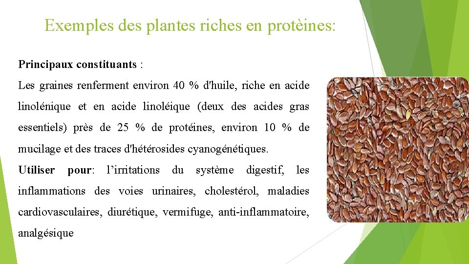 Exemples des plantes riches en protèines: Principaux constituants : Les graines renferment environ 40