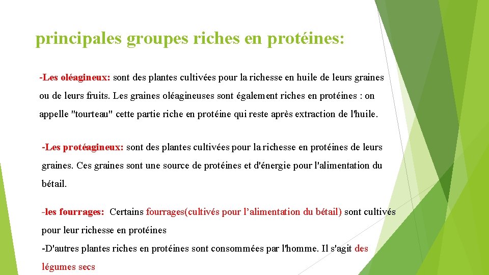 principales groupes riches en protéines: -Les oléagineux: sont des plantes cultivées pour la richesse