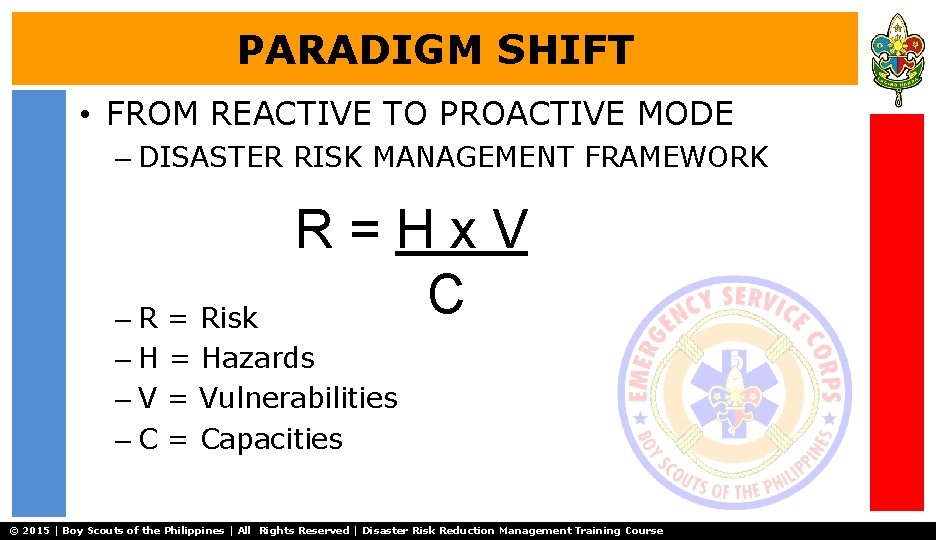 PARADIGM SHIFT • FROM REACTIVE TO PROACTIVE MODE – DISASTER RISK MANAGEMENT FRAMEWORK R=Hx.