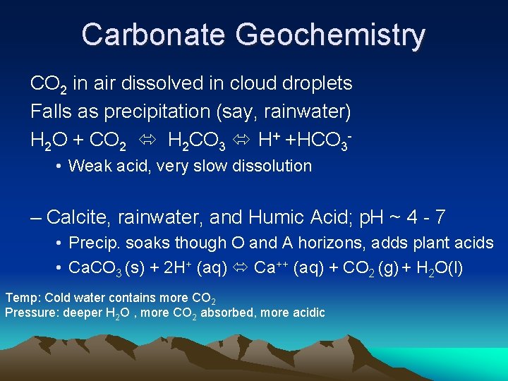 Carbonate Geochemistry CO 2 in air dissolved in cloud droplets Falls as precipitation (say,