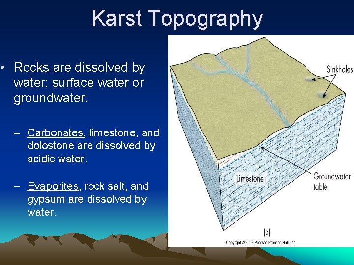 Karst Topography • Rocks are dissolved by water: surface water or groundwater. – Carbonates,