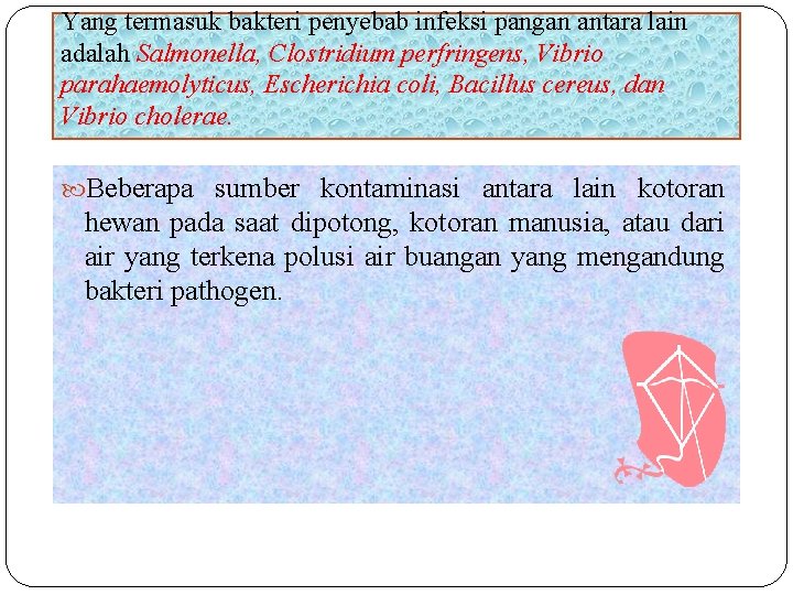 Yang termasuk bakteri penyebab infeksi pangan antara lain adalah Salmonella, Clostridium perfringens, Vibrio parahaemolyticus,