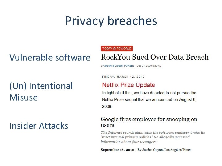 Privacy breaches Vulnerable software (Un) Intentional Misuse Insider Attacks 