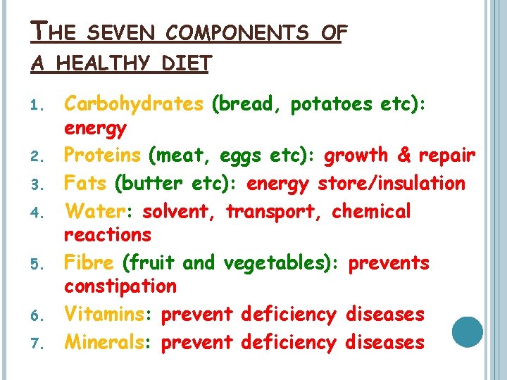THE SEVEN COMPONENTS OF A HEALTHY DIET 1. 2. 3. 4. 5. 6. 7.