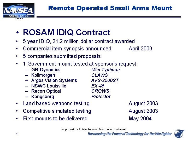Remote Operated Small Arms Mount • ROSAM IDIQ Contract • • 5 year IDIQ,