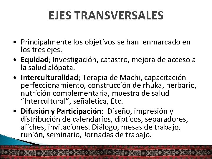 EJES TRANSVERSALES • Principalmente los objetivos se han enmarcado en los tres ejes. •