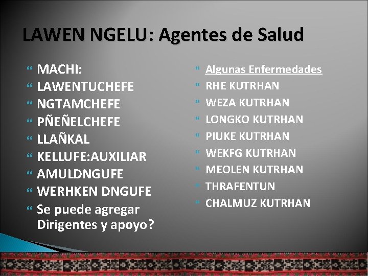 LAWEN NGELU: Agentes de Salud MACHI: LAWENTUCHEFE NGTAMCHEFE PÑEÑELCHEFE LLAÑKAL KELLUFE: AUXILIAR AMULDNGUFE WERHKEN