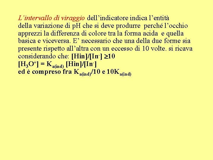 L’intervallo di viraggio dell’indicatore indica l’entità della variazione di p. H che si deve