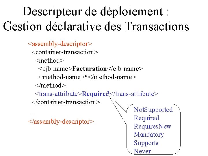 Descripteur de déploiement : Gestion déclarative des Transactions <assembly-descriptor> <container-transaction> <method> <ejb-name>Facturation</ejb-name> <method-name>*</method-name> </method>