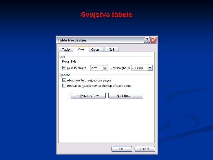 Svojstva tabele 