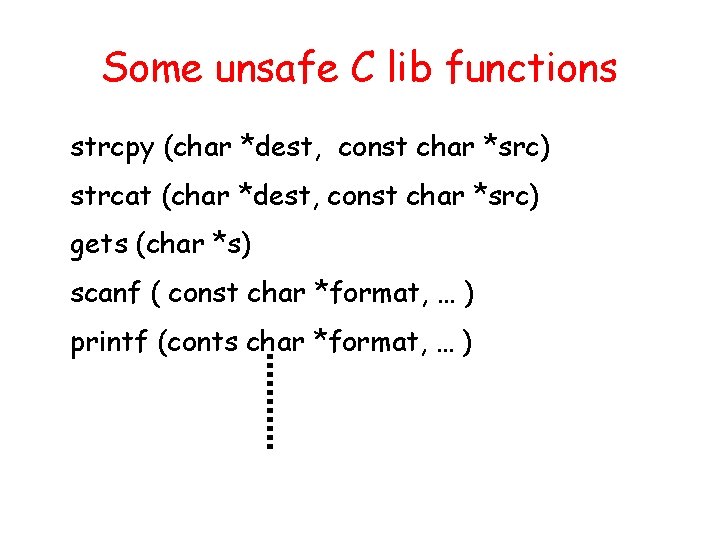 Some unsafe C lib functions strcpy (char *dest, const char *src) strcat (char *dest, Some unsafe C lib functions strcpy (char *dest, const char *src) strcat (char *dest,