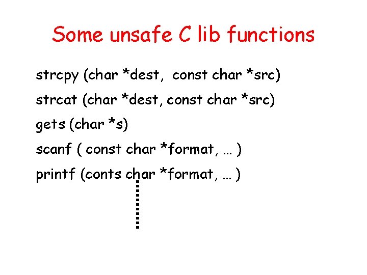 Some unsafe C lib functions strcpy (char *dest, const char *src) strcat (char *dest,