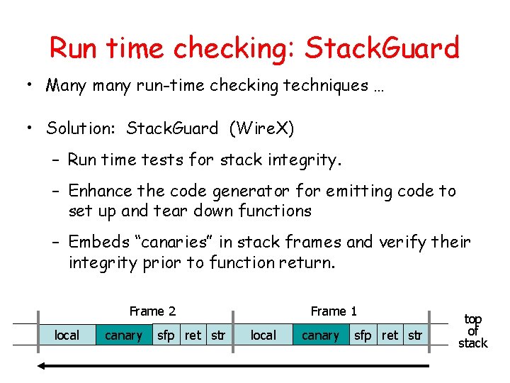 Run time checking: Stack. Guard • Many many run-time checking techniques … • Solution: