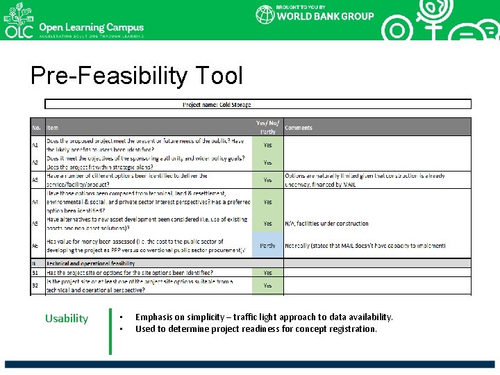 Pre-Feasibility Tool Usability • • Emphasis on simplicity – traffic light approach to data