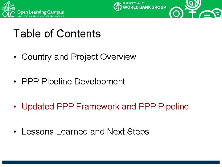 Table of Contents • Country and Project Overview • PPP Pipeline Development • Updated