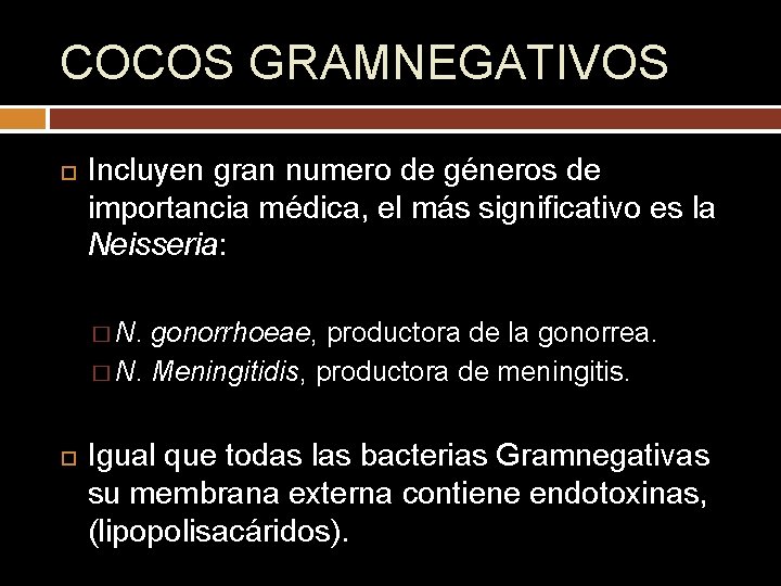 COCOS GRAMNEGATIVOS Incluyen gran numero de géneros de importancia médica, el más significativo es