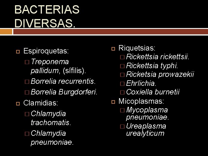 BACTERIAS DIVERSAS. Espiroquetas: � Treponema pallidum, (sífilis). � Borrelia recurrentis. � Borrelia Burgdorferi. Clamidias: