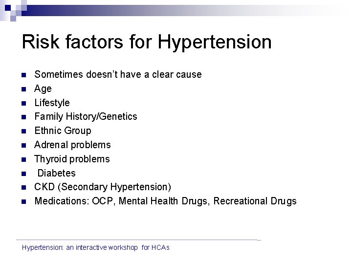 Risk factors for Hypertension n n Sometimes doesn’t have a clear cause Age Lifestyle