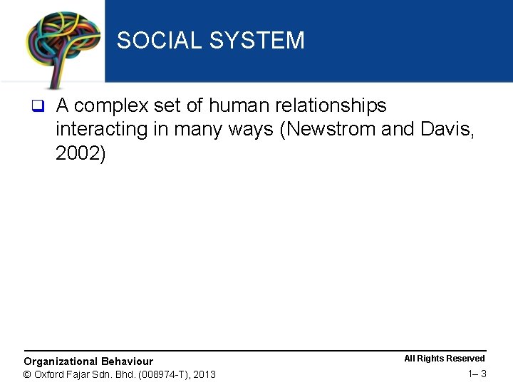 SOCIAL SYSTEM q A complex set of human relationships interacting in many ways (Newstrom