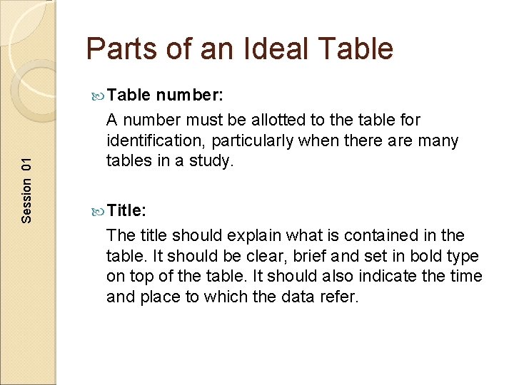 Parts of an Ideal Table Session 01 Table number: A number must be allotted