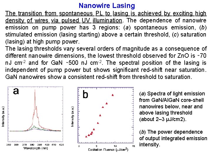 Nanowire Lasing The transition from spontaneous PL to lasing is achieved by exciting high