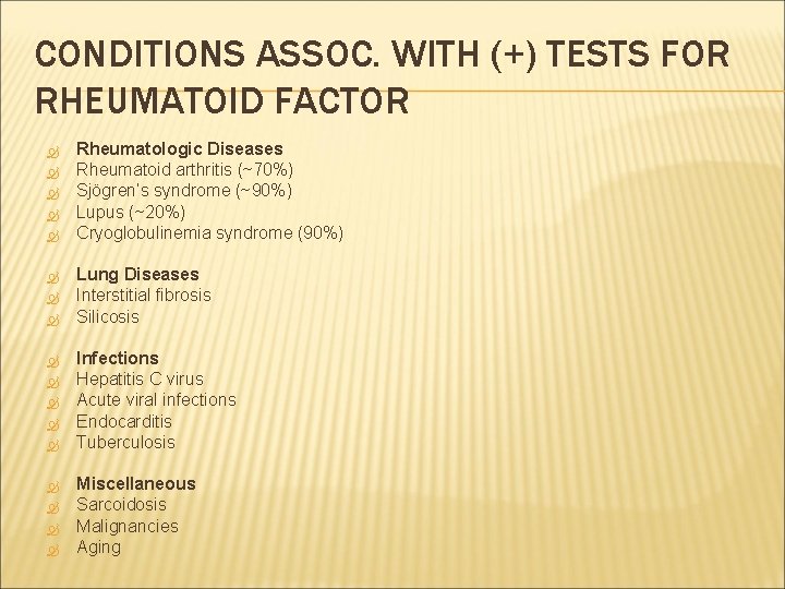 CONDITIONS ASSOC. WITH (+) TESTS FOR RHEUMATOID FACTOR Rheumatologic Diseases Rheumatoid arthritis (~70%) Sjögren’s