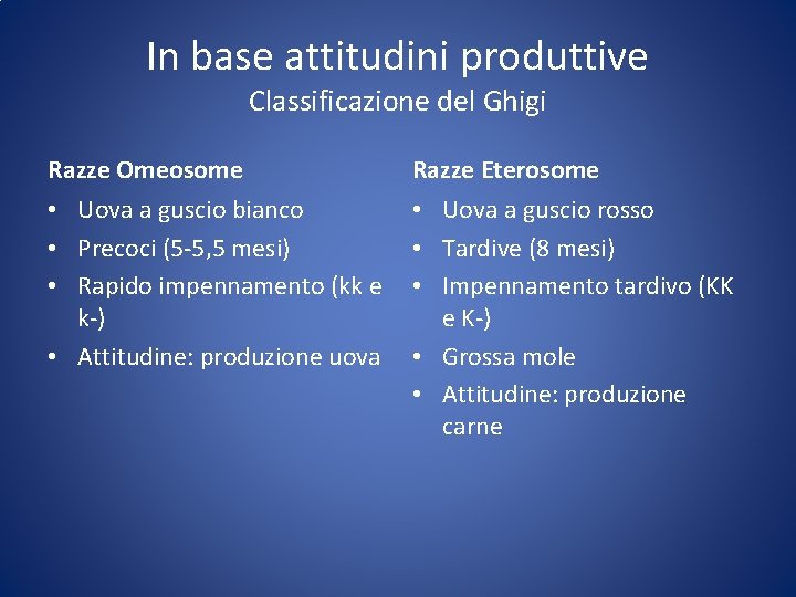 In base attitudini produttive Classificazione del Ghigi Razze Omeosome Razze Eterosome • Uova a