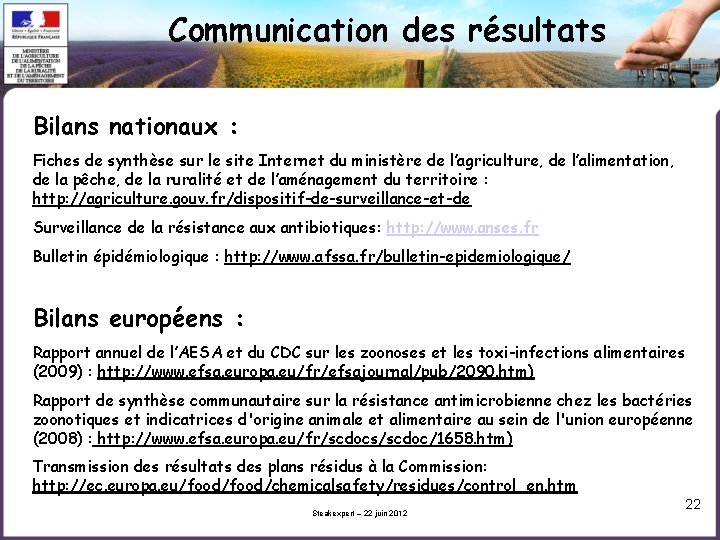 Communication des résultats Bilans nationaux : Fiches de synthèse sur le site Internet du