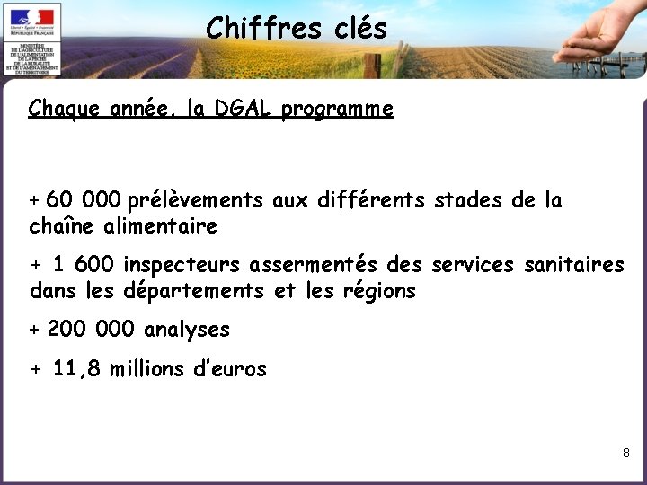 Chiffres clés Chaque année, la DGAL programme + 60 000 prélèvements aux différents stades