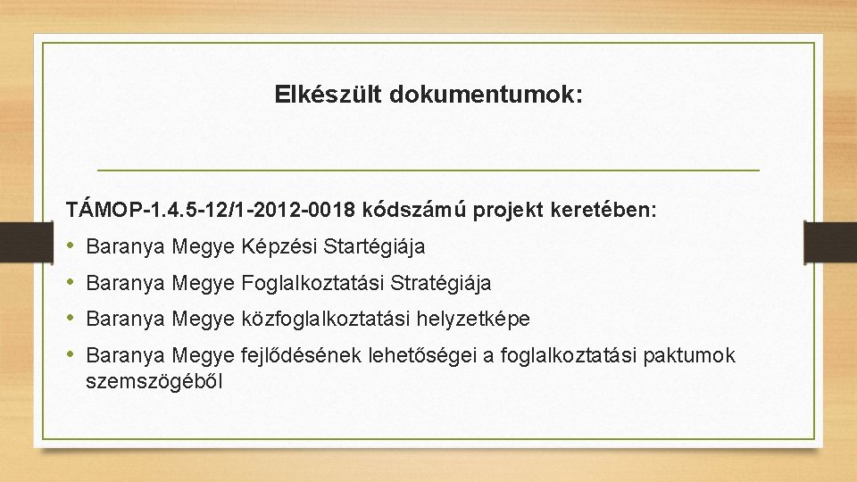 Elkészült dokumentumok: TÁMOP-1. 4. 5 -12/1 -2012 -0018 kódszámú projekt keretében: • • Baranya