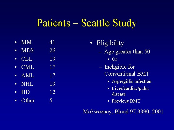 Patients – Seattle Study • • MM MDS CLL CML AML NHL HD Other